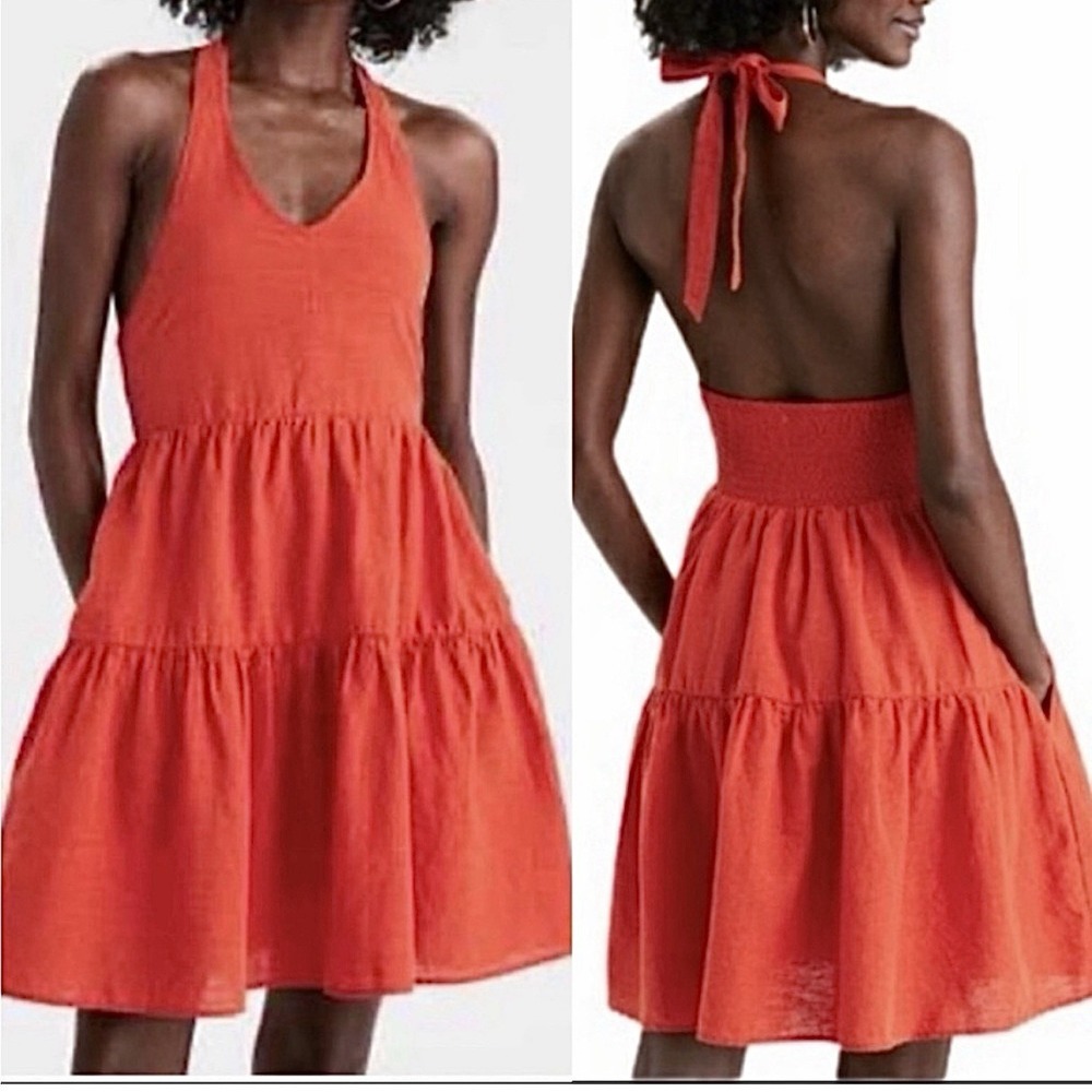 American Eagle Tiered Halter Top Neck Cotton‎ Linen Flowy Orange Dress Sz Small